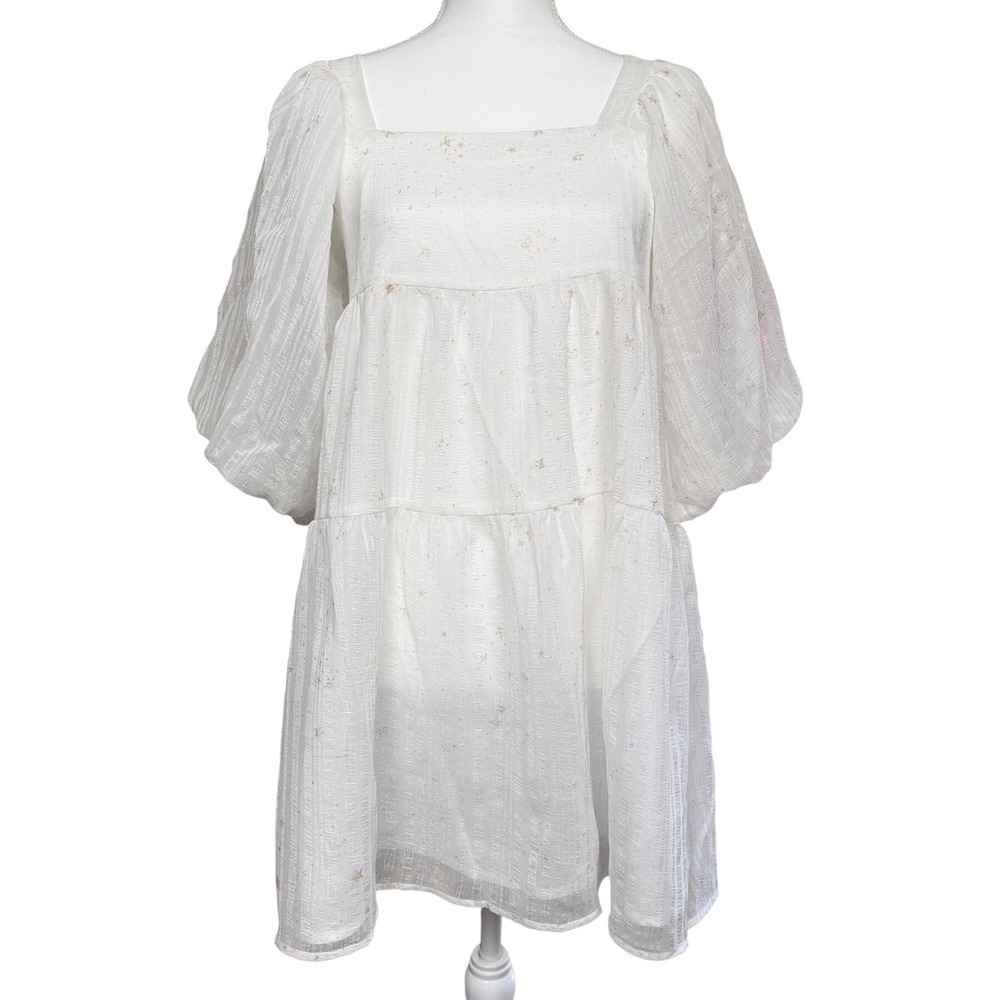 Nasty‎ Gal White Babydoll Mini Dress Puff Sleeve Gold Stars US 0 XS